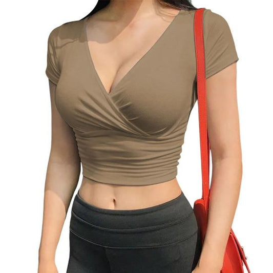 Women's Deep V-Neck Cropped T-Shirt | Slim Fit, Lightweight & Stretch Short Sleeve Top