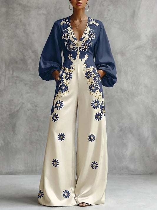 Women's Floral Print V-Neck Wide-Leg Jumpsuit with Pockets | Long Sleeve Stretch One-Piece Outfit