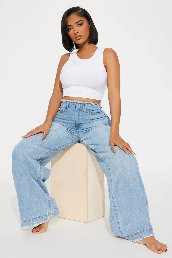 Women's High-Waisted Baggy Jeans | Relaxed Fit Cut-Off Waistband