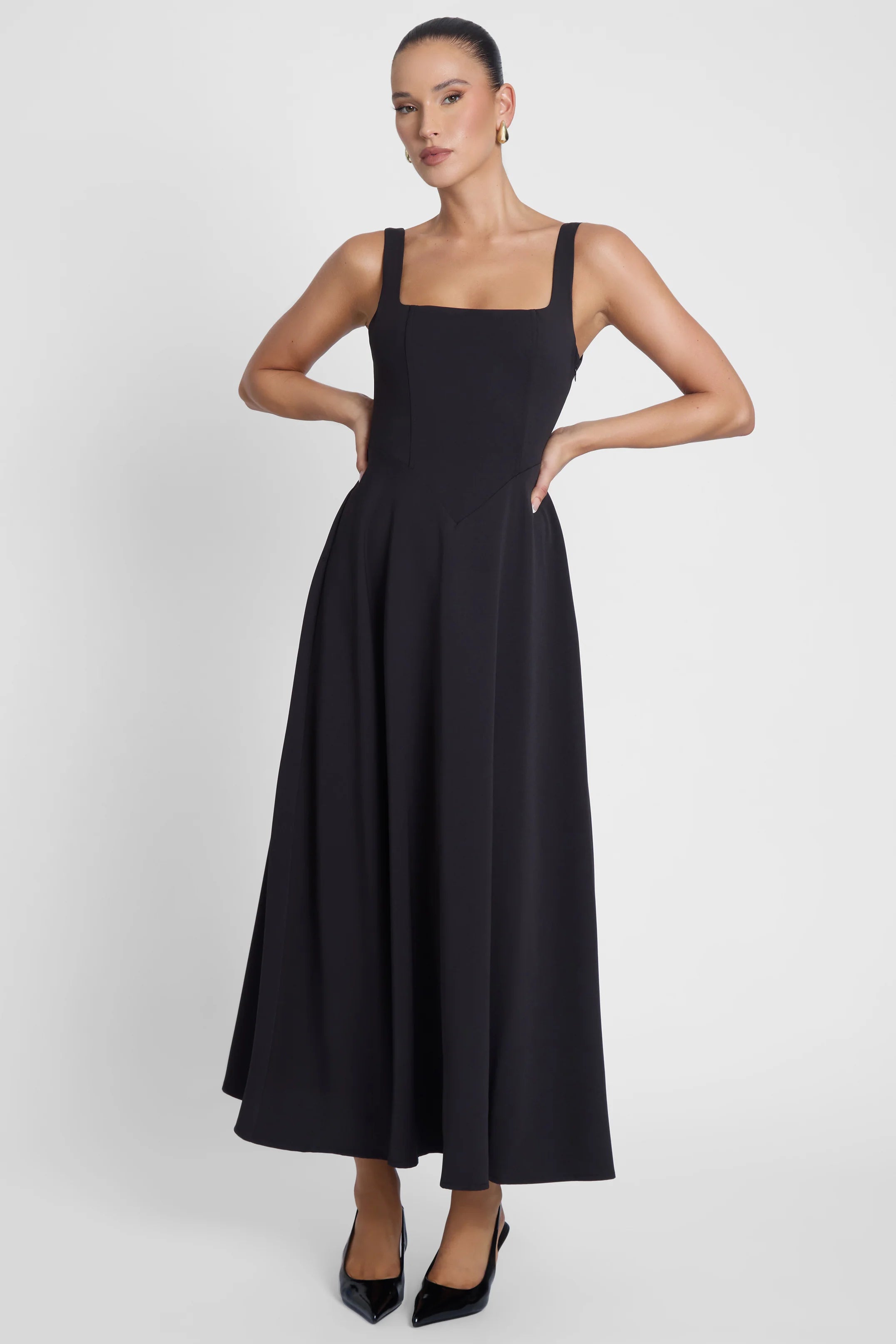 Women's Square Neck Corset Midi Dress | Elegant Bodycon Party Dress