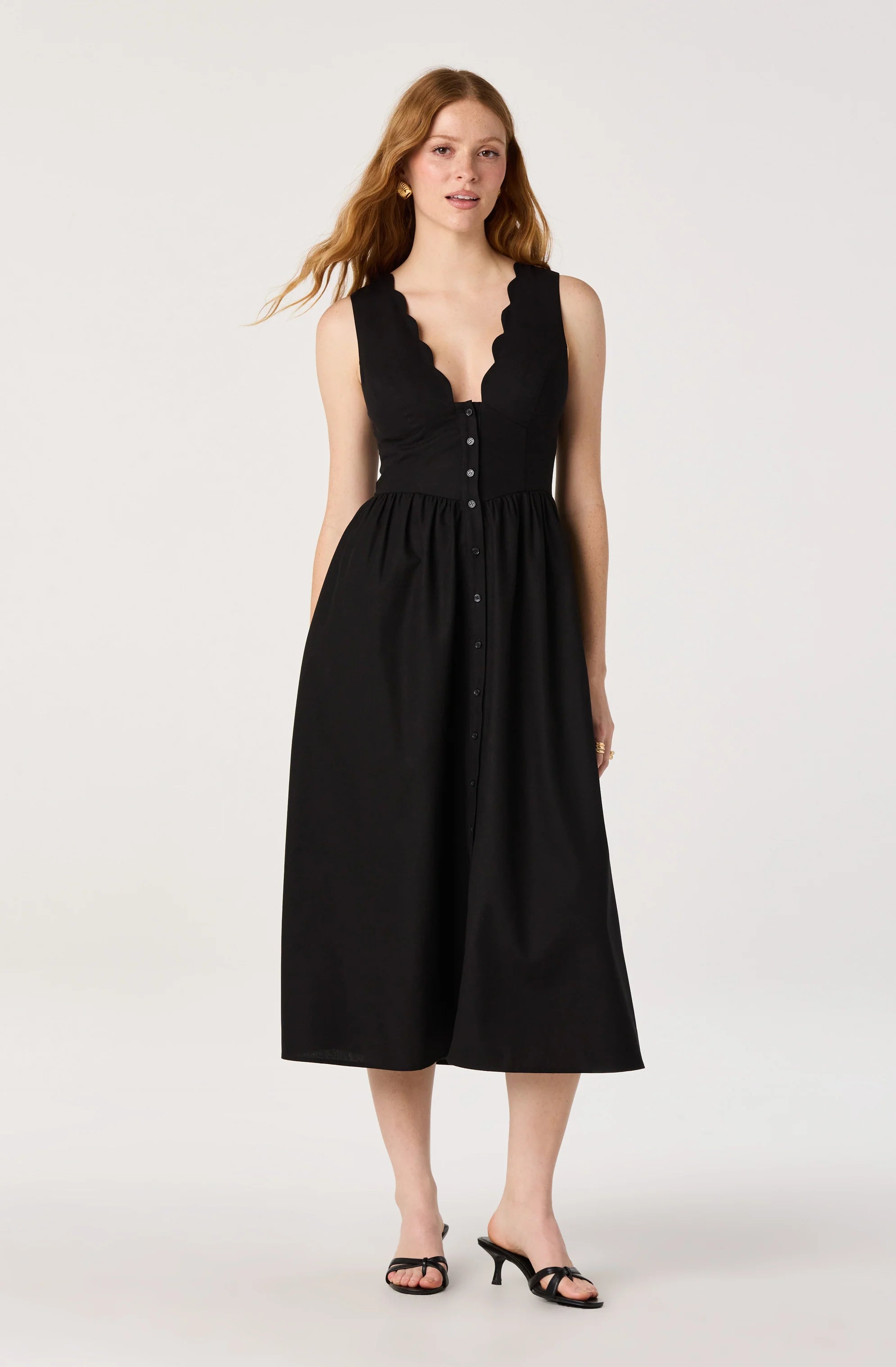 Women's V-Neck Button-Front Midi Dress | Elegant Casual Everyday Dress