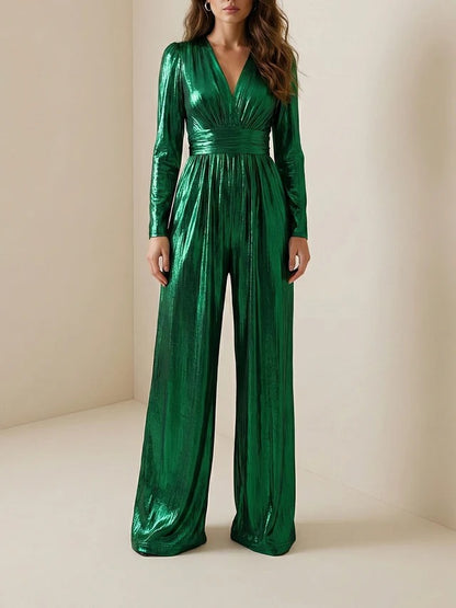 Women's Shiny Deep V-Neck Jumpsuit | High-Waisted 3/4 Sleeve Elegant One-Piece Outfit
