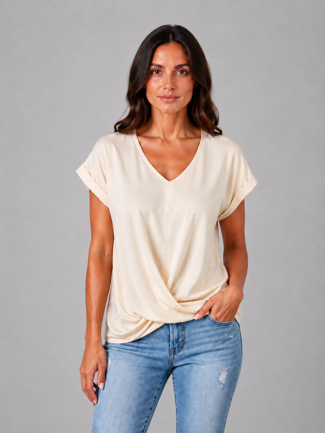 Women's V-Neck Draped T-Shirt | Relaxed Fit Short Sleeve Everyday Top