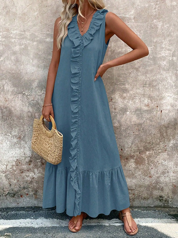 Women's V-Neck Pleated Maxi Dress with Ruffle Trim | Elegant & Flowy A-Line Style