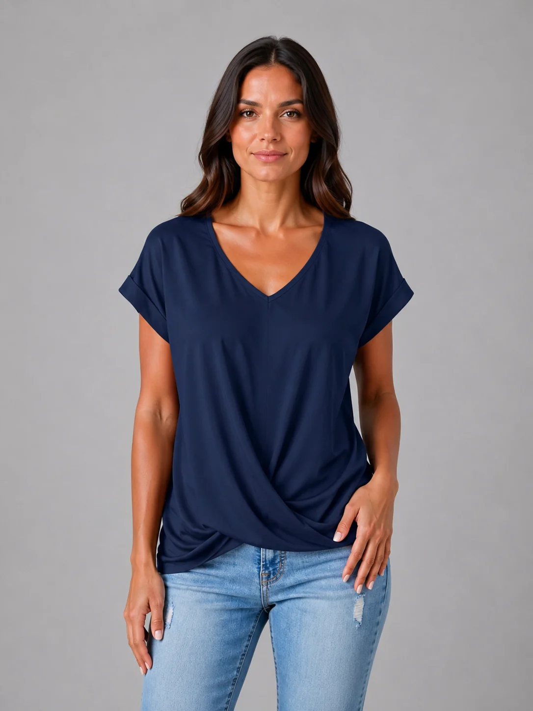Women's V-Neck Draped T-Shirt | Relaxed Fit Short Sleeve Everyday Top