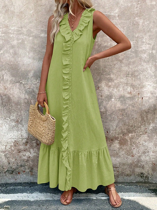 Women's V-Neck Pleated Maxi Dress with Ruffle Trim | Elegant & Flowy A-Line Style