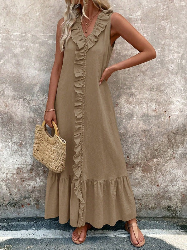 Women's V-Neck Pleated Maxi Dress with Ruffle Trim | Elegant & Flowy A-Line Style