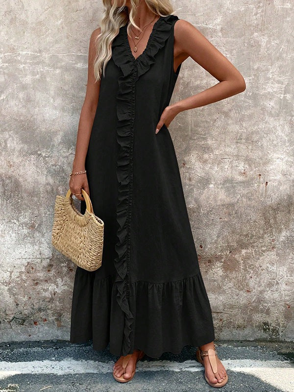 Women's V-Neck Pleated Maxi Dress with Ruffle Trim | Elegant & Flowy A-Line Style