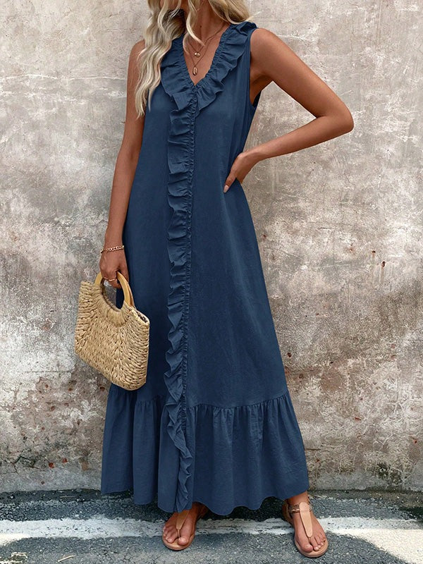 Women's V-Neck Pleated Maxi Dress with Ruffle Trim | Elegant & Flowy A-Line Style