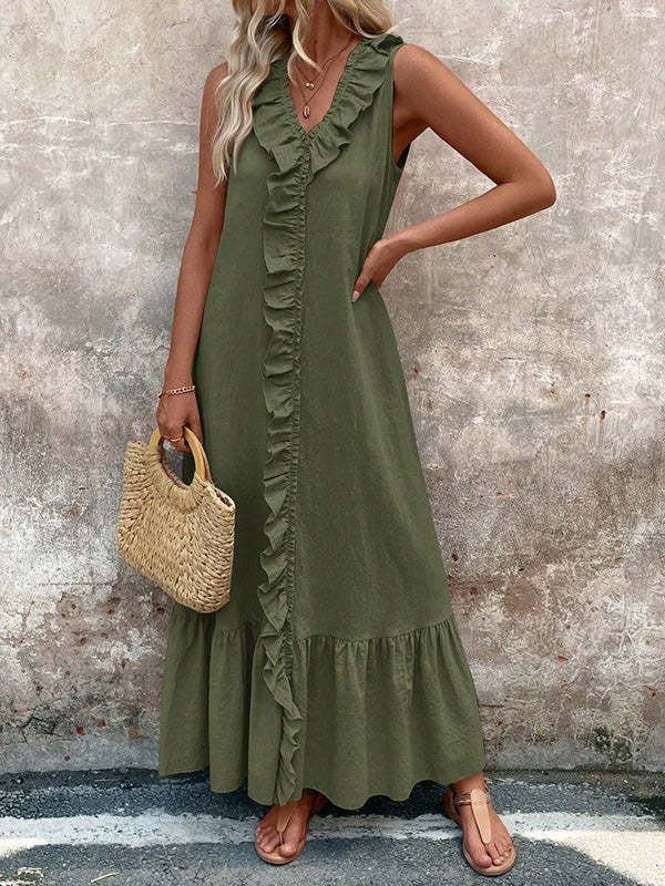 Women's V-Neck Pleated Maxi Dress with Ruffle Trim | Elegant & Flowy A-Line Style