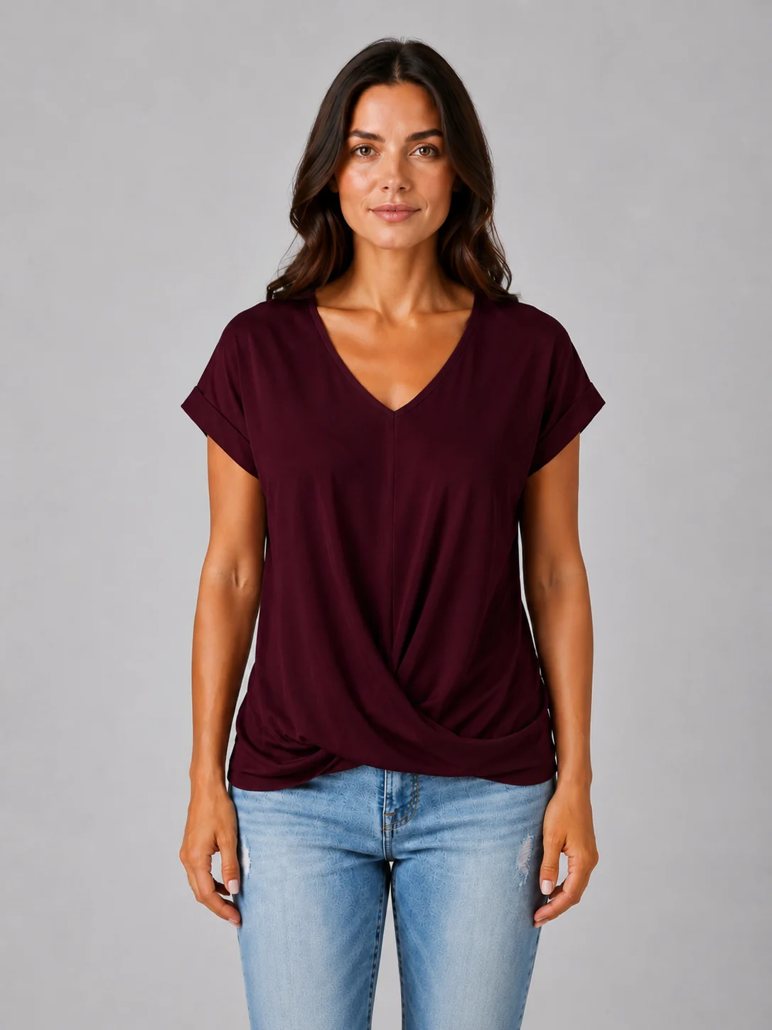 Women's V-Neck Draped T-Shirt | Relaxed Fit Short Sleeve Everyday Top