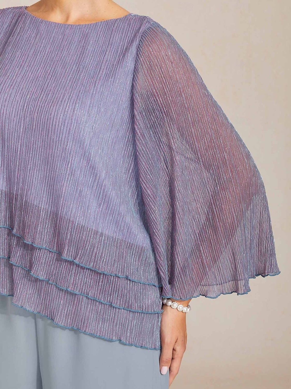Women's Metallic Bell Sleeve Blouse | Elegant 3/4 Sleeve Crew Neck Dressy Top