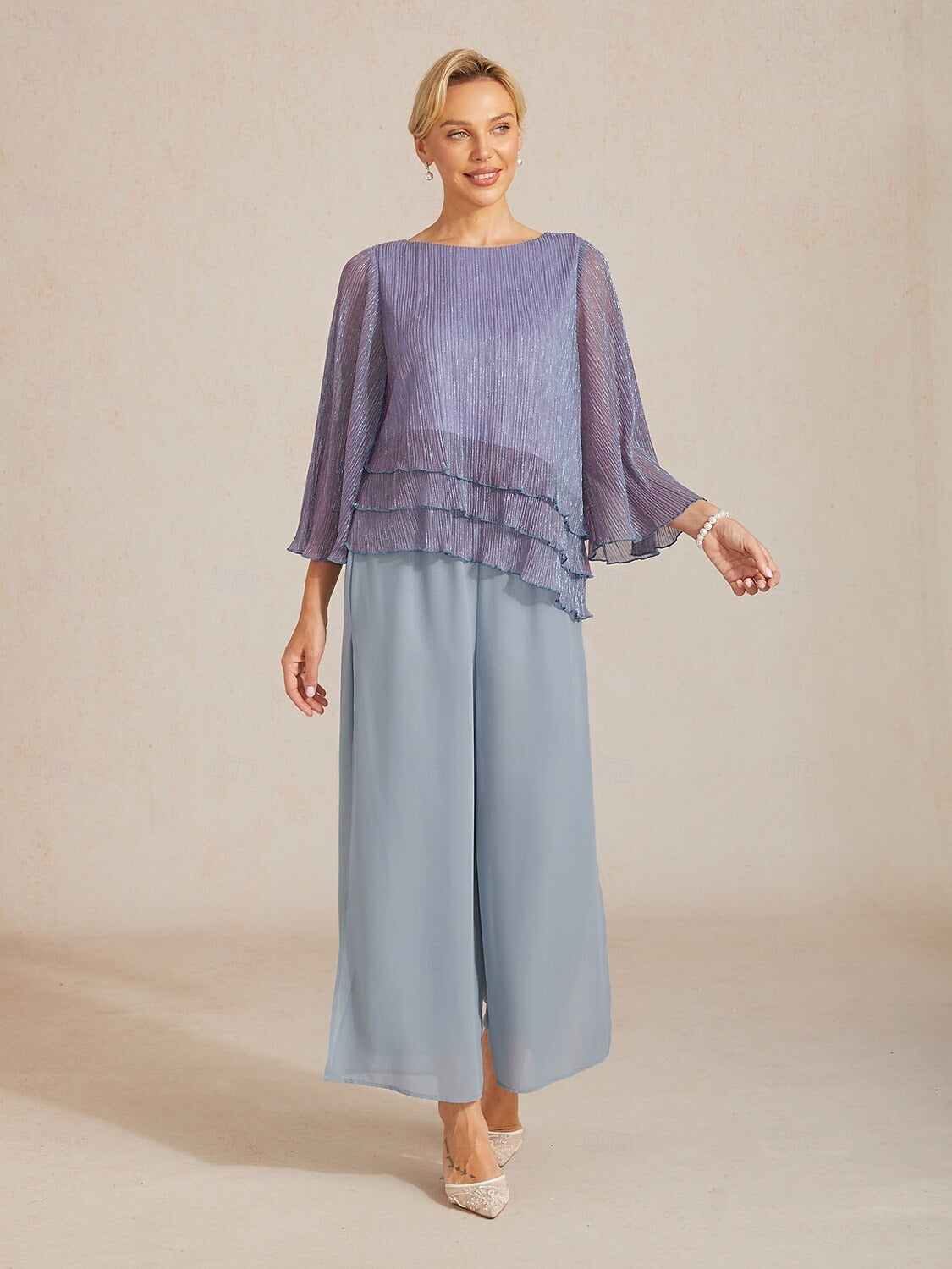 Women's Metallic Bell Sleeve Blouse | Elegant 3/4 Sleeve Crew Neck Dressy Top
