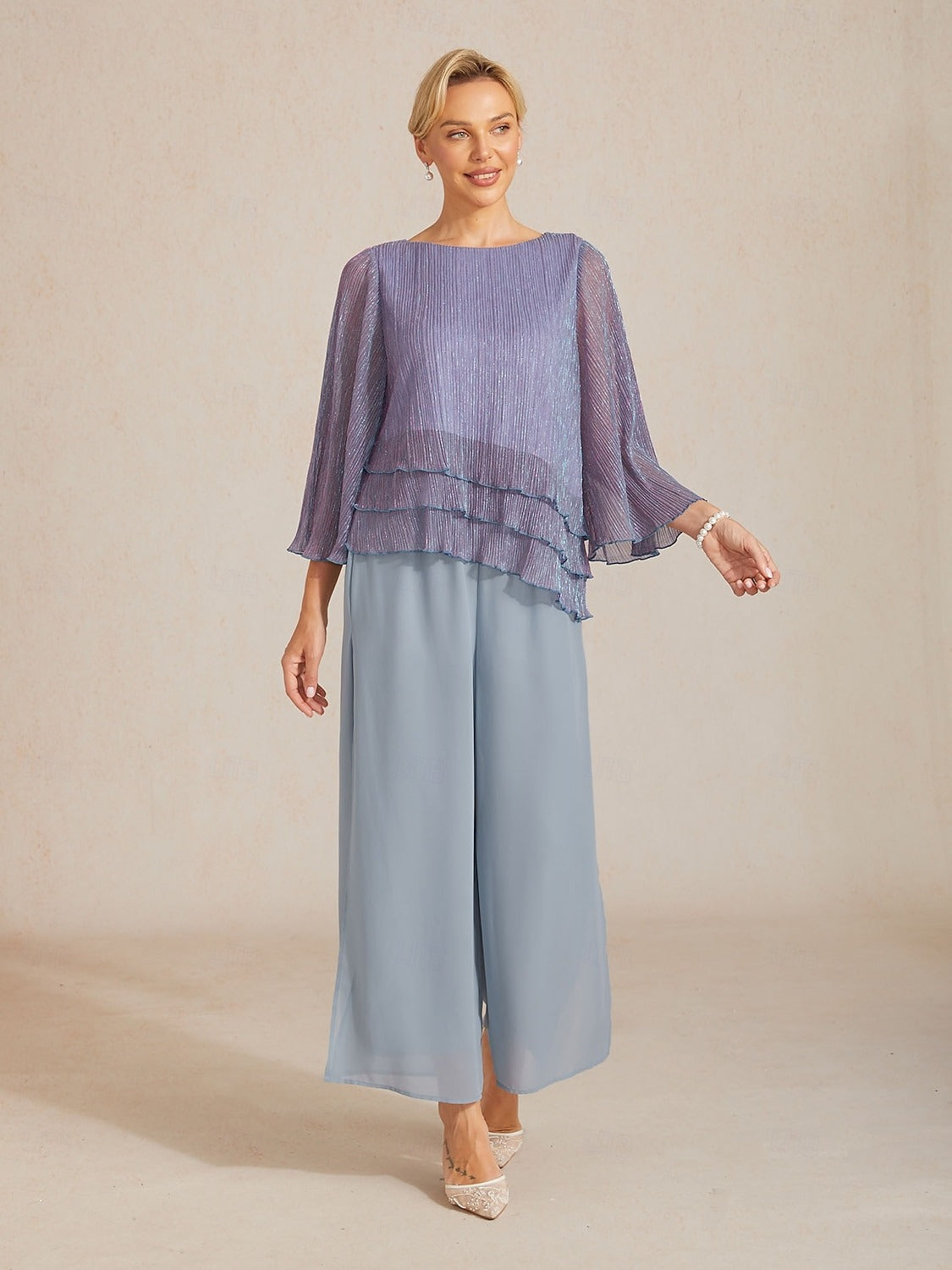 Women's Metallic Bell Sleeve Blouse | Elegant 3/4 Sleeve Crew Neck Dressy Top