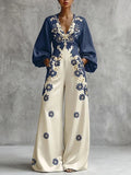 Women's Floral Print V-Neck Wide-Leg Jumpsuit with Pockets | Long Sleeve Stretch One-Piece Outfit