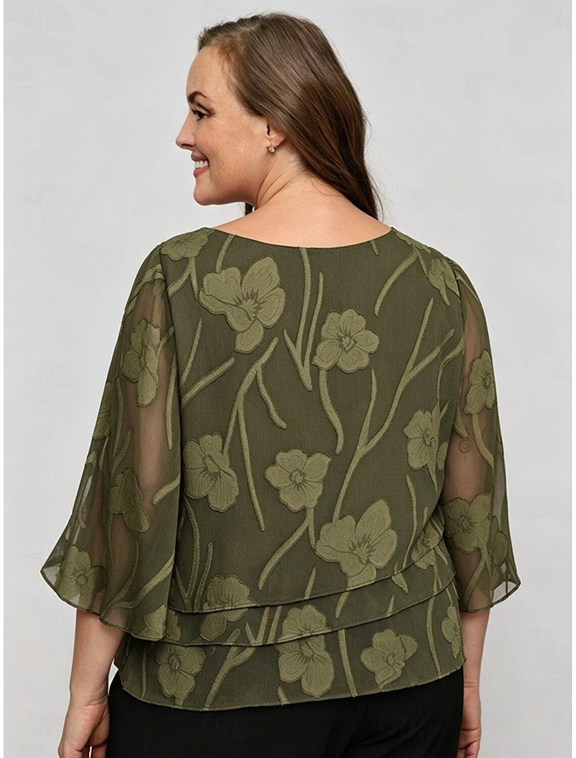 Women's Lace Layered Chiffon Blouse | Elegant 3/4 Bell Sleeve Crew Neck Top