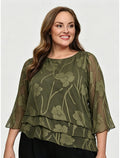 Women's Lace Layered Chiffon Blouse | Elegant 3/4 Bell Sleeve Crew Neck Top
