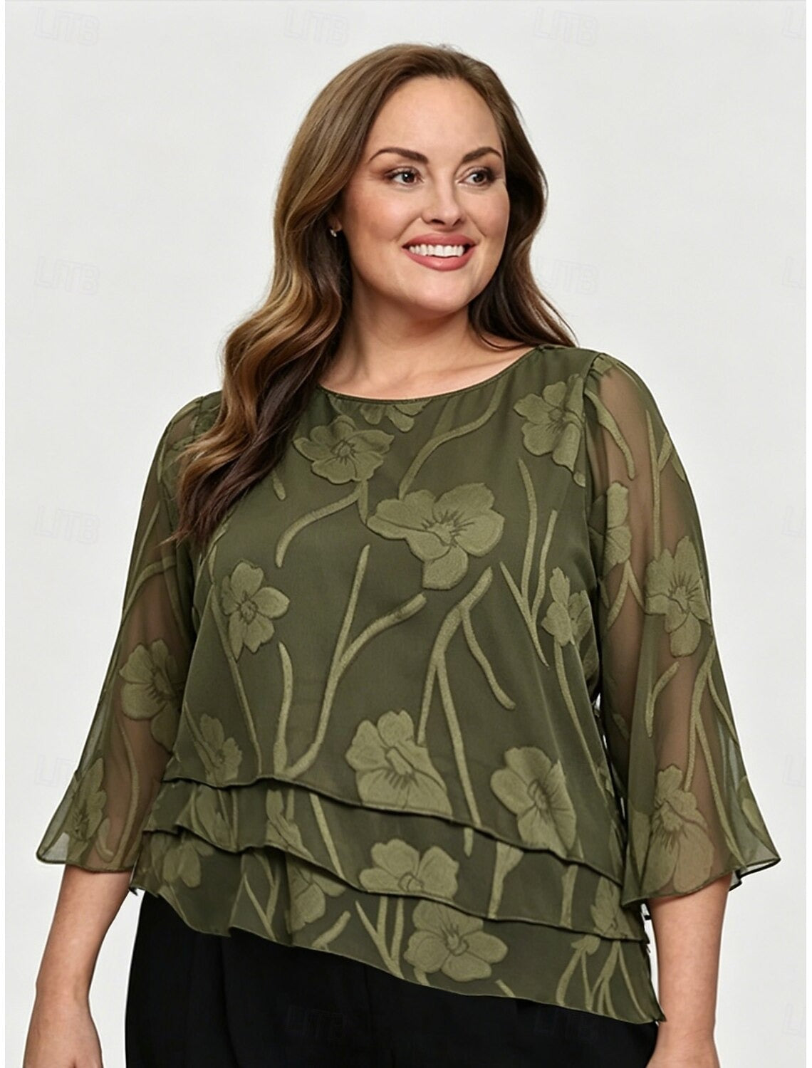 Women's Lace Layered Chiffon Blouse | Elegant 3/4 Bell Sleeve Crew Neck Top