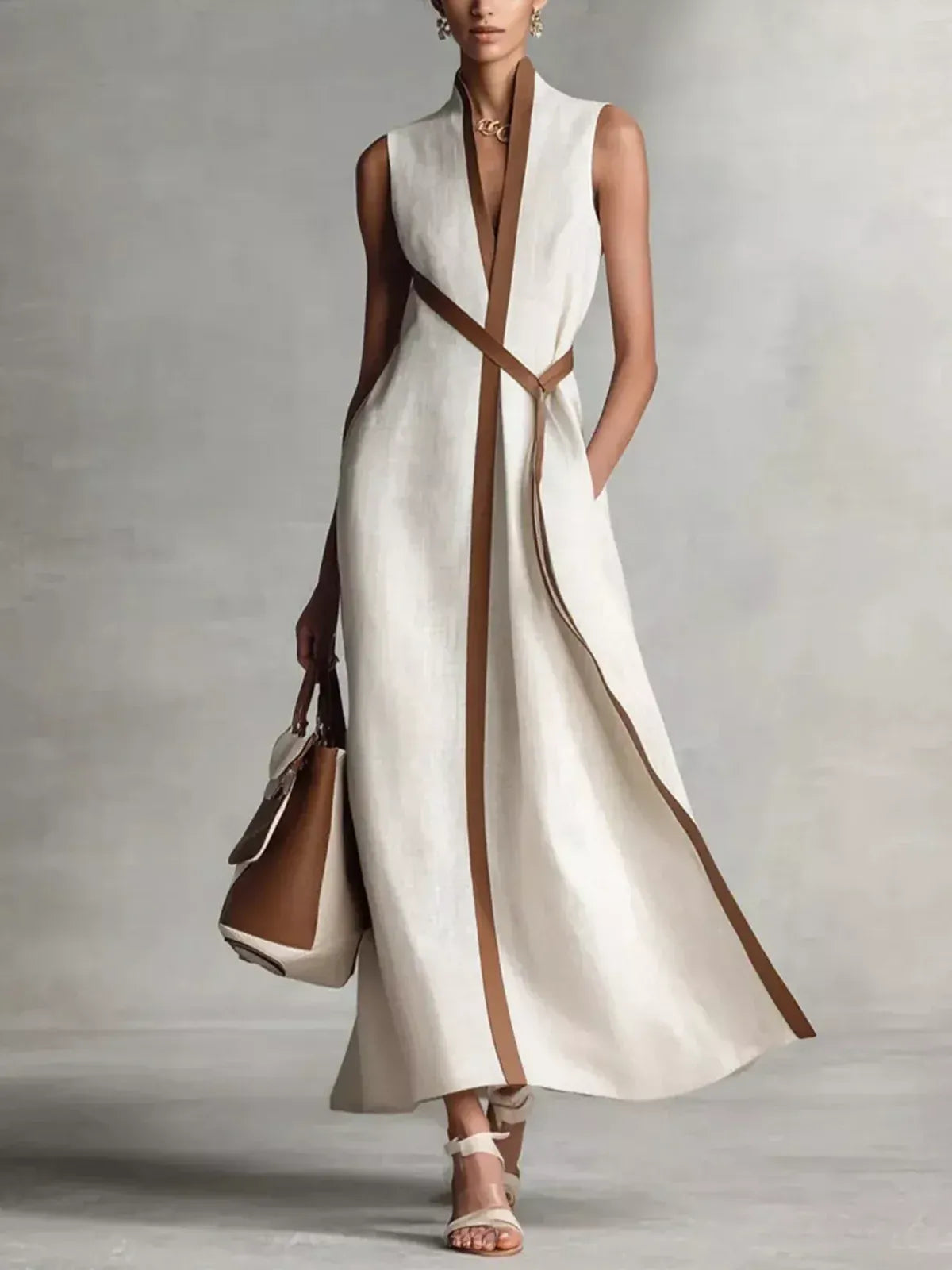 Women's Plus Size Contrast Trim Sleeveless Maxi Dress | Elegant & Flowy Long Dress