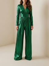 Women's Shiny Deep V-Neck Jumpsuit | High-Waisted 3/4 Sleeve Elegant One-Piece Outfit