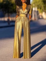 Women's Shiny Deep V-Neck Jumpsuit | High-Waisted 3/4 Sleeve Elegant One-Piece Outfit