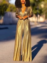 Women's Shiny Deep V-Neck Jumpsuit | High-Waisted 3/4 Sleeve Elegant One-Piece Outfit