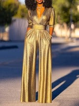 Women's Shiny Deep V-Neck Jumpsuit | High-Waisted 3/4 Sleeve Elegant One-Piece Outfit