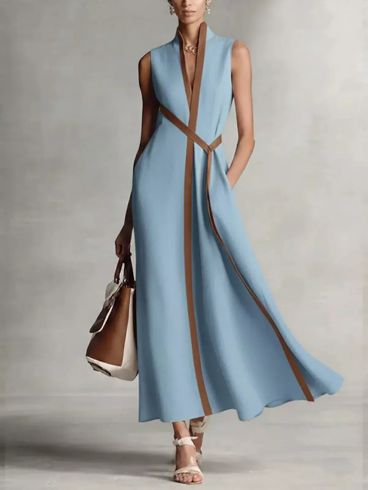 Women's Plus Size Contrast Trim Sleeveless Maxi Dress | Elegant & Flowy Long Dress