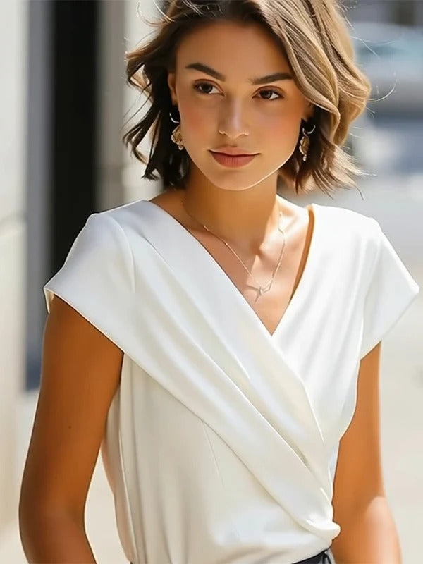 Women's Asymmetric Pleated V-Neck Top | Loose Fit Short Sleeve Casual Shirt
