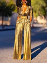 Women's Shiny Deep V-Neck Jumpsuit | High-Waisted 3/4 Sleeve Elegant One-Piece Outfit