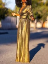 Women's Shiny Deep V-Neck Jumpsuit | High-Waisted 3/4 Sleeve Elegant One-Piece Outfit