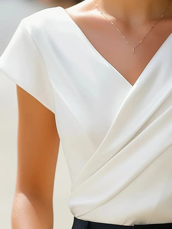 Women's Asymmetric Pleated V-Neck Top | Loose Fit Short Sleeve Casual Shirt
