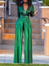 Women's Shiny Deep V-Neck Jumpsuit | High-Waisted 3/4 Sleeve Elegant One-Piece Outfit