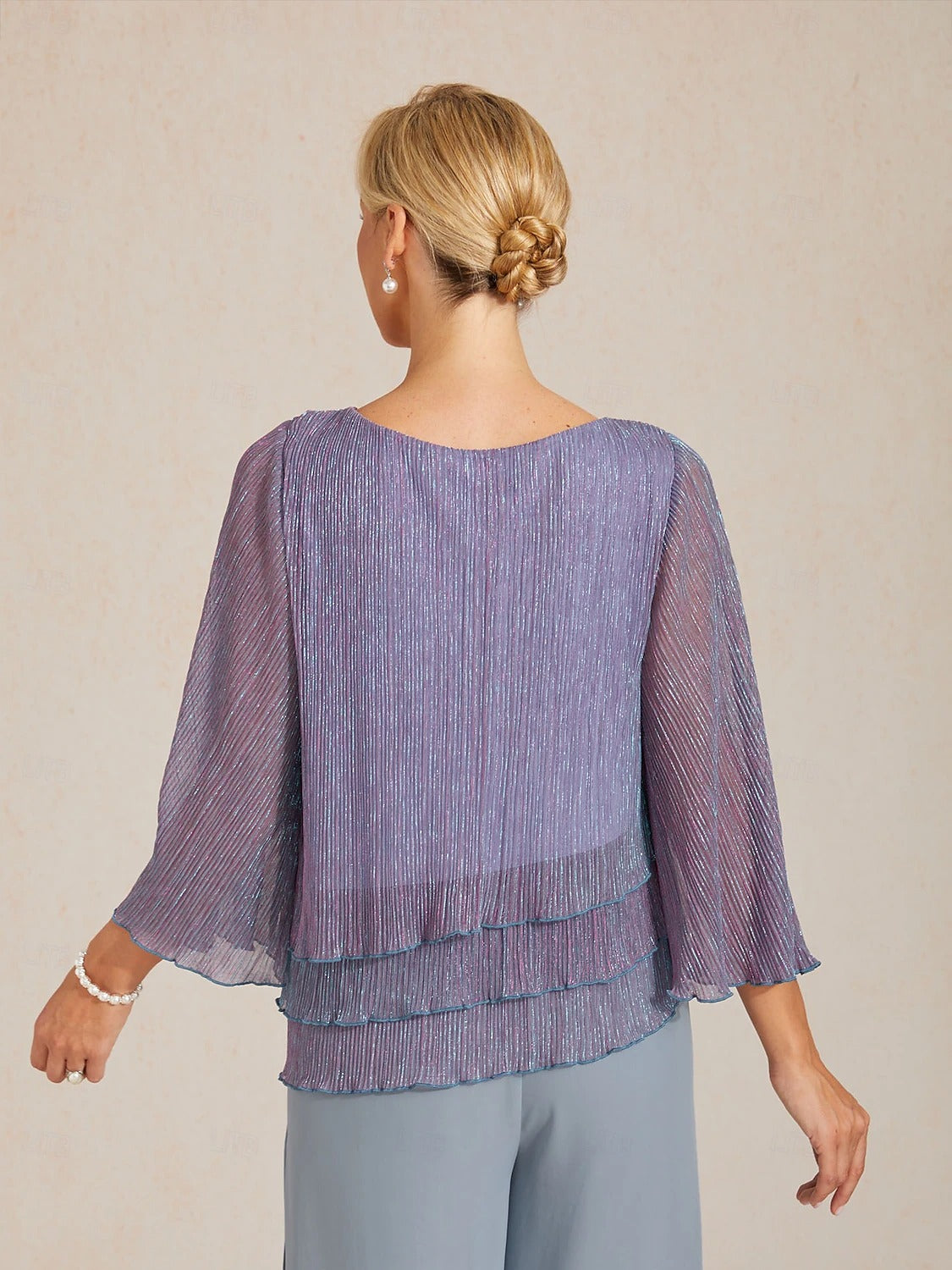 Women's Metallic Bell Sleeve Blouse | Elegant 3/4 Sleeve Crew Neck Dressy Top