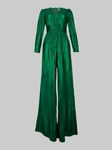 Women's Shiny Deep V-Neck Jumpsuit | High-Waisted 3/4 Sleeve Elegant One-Piece Outfit