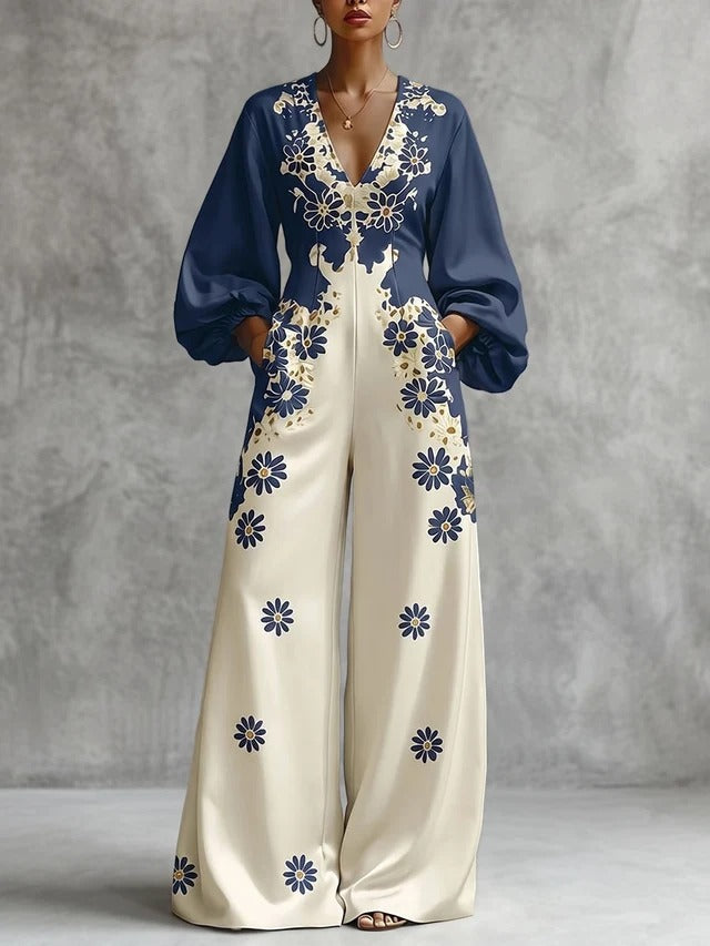 Women's Floral Print V-Neck Wide-Leg Jumpsuit with Pockets | Long Sleeve Stretch One-Piece Outfit