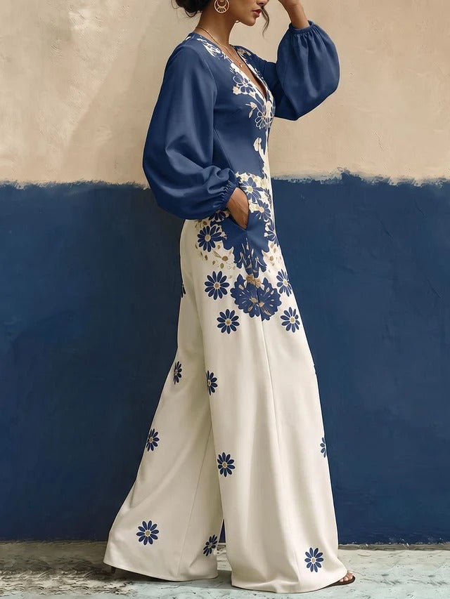 Women's Floral Print V-Neck Wide-Leg Jumpsuit with Pockets | Long Sleeve Stretch One-Piece Outfit
