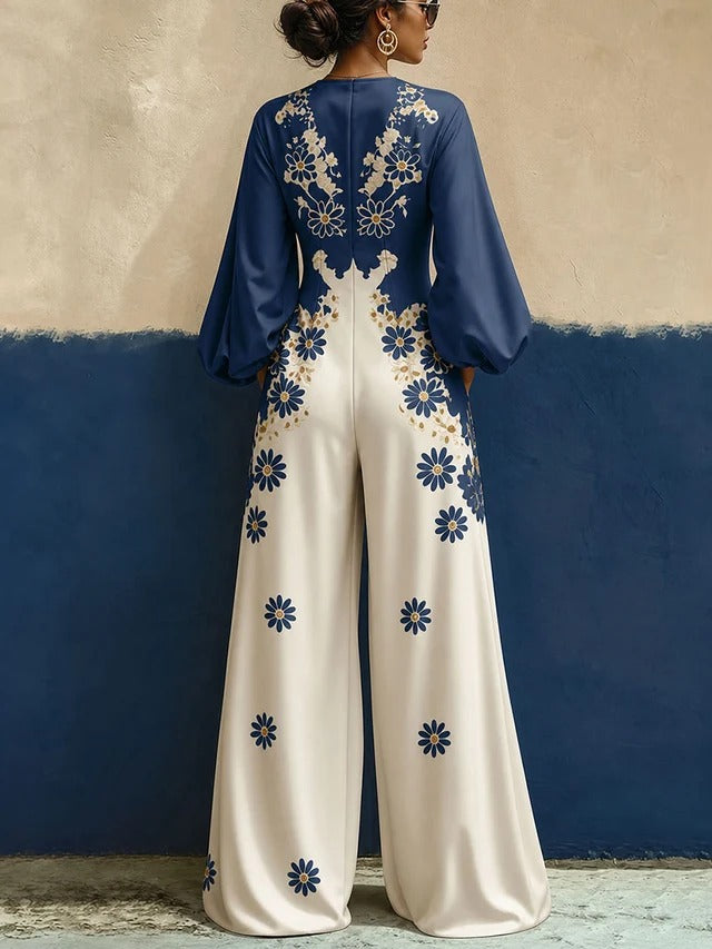 Women's Floral Print V-Neck Wide-Leg Jumpsuit with Pockets | Long Sleeve Stretch One-Piece Outfit