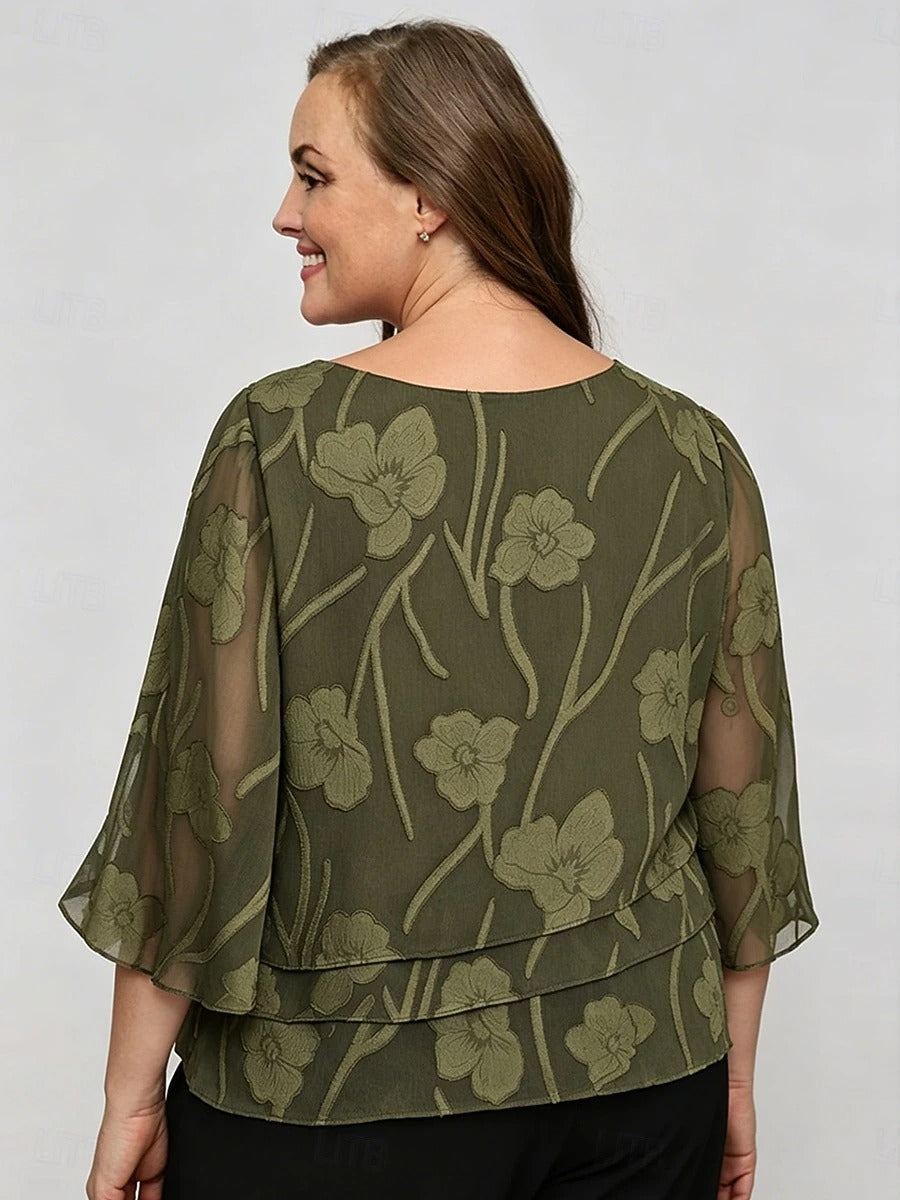 Women's Lace Layered Chiffon Blouse | Elegant 3/4 Bell Sleeve Crew Neck Top