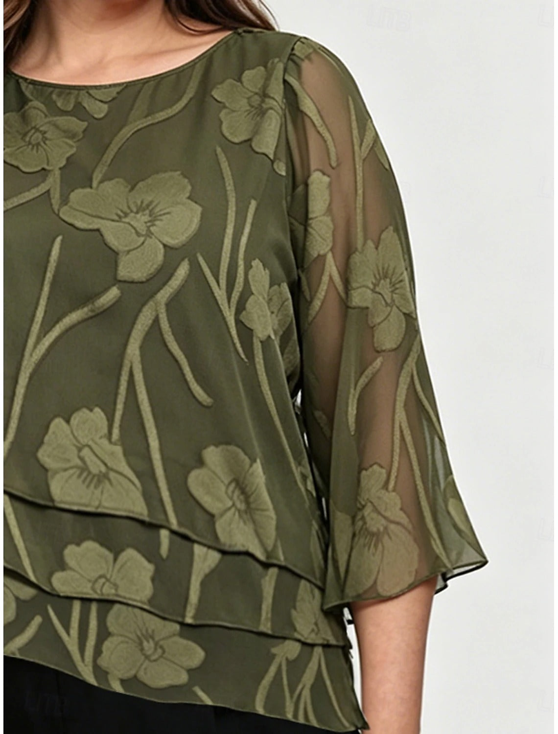 Women's Lace Layered Chiffon Blouse | Elegant 3/4 Bell Sleeve Crew Neck Top