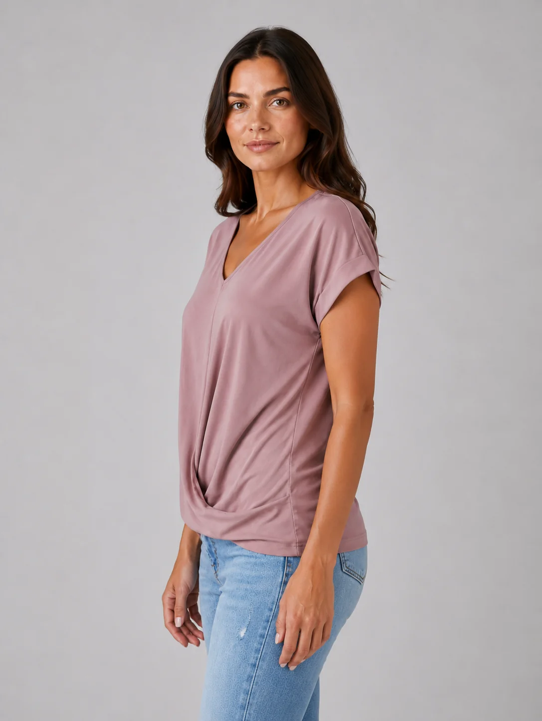 Women's V-Neck Draped T-Shirt | Relaxed Fit Short Sleeve Everyday Top
