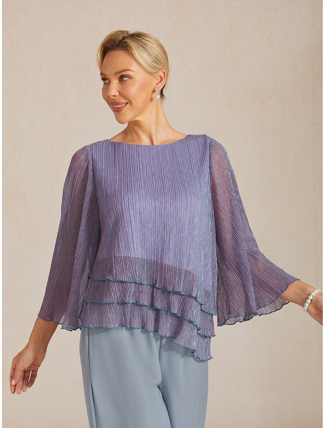 Women's Metallic Bell Sleeve Blouse | Elegant 3/4 Sleeve Crew Neck Dressy Top